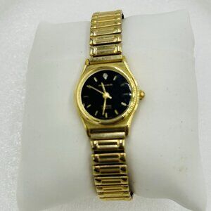 Milan Diamond Quartz Vintage Ladies Watch Gold Stretch Band Black Face